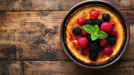 Top view of a beautifully presented in a bowl, topped with fresh berries and mint, set on a rustic wooden table. Ample space for text makes it perfect for dessert promotions.の素材