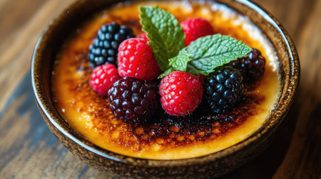 Gourmet featuring a mix of colorful berries and a mint garnish, elegantly served in a bowl atop a rustic wooden table. Close-up shot highlighting its richness.の素材