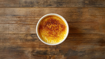 Flat lay of a single cr with a crackling caramel top, placed on a wooden surface. Clean composition with plenty of room for copy above.の素材