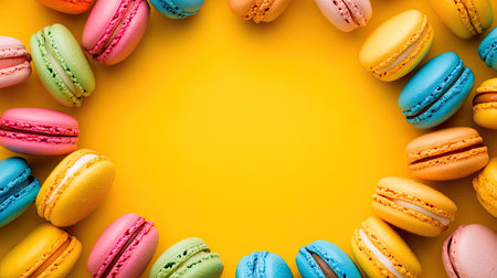 Flat lay of vibrant macarons surrounding a blank space in the center, perfect for adding text or logos, with a bright and cheerful background.の素材