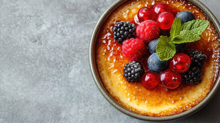 Rich captured from above, adorned with fresh berries and mint leaves in a bowl, on a grey table. The layout leaves room for promotional text additions.の素材
