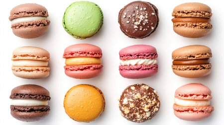 Handmade macarons with creamy fillings isolated on a pure white background, viewed from above. Each cookie has distinct vibrant colors and textures.の素材