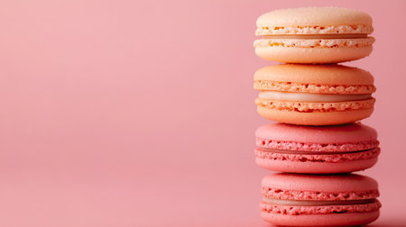 Three macarons stacked neatly on the lower right, with a soft, pastel-colored background filling the rest of the space, ideal for copyの素材