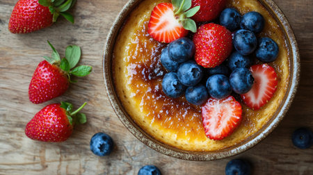 Rich viewed from above, topped with fresh strawberries and blueberries, in a rustic bowl on a wooden surface. Open space around it is perfect for text overlayの素材
