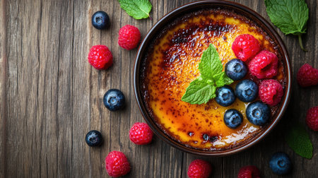 Gourmet in a bowl, decorated with fresh raspberries, blueberries, and mint, displayed on a wooden table. Close-up shot highlighting the dessert's elegance.の素材