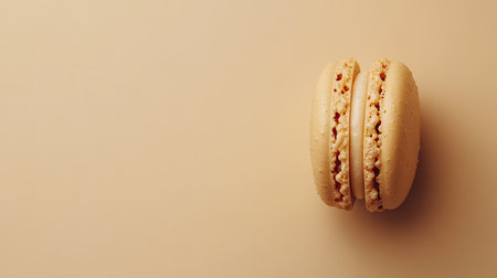 Top view of a single macaron placed on the bottom left corner, leaving plenty of neutral space on the right side for text or promotional content. -の素材