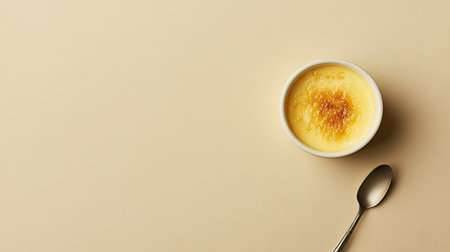 Minimalist flat lay of a single with a spoon, leaving large open space on a beige background for text or promotional content.の素材
