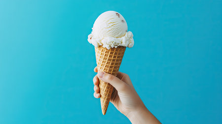 Top view of a hand holding a delicious ice cream cone against a clear blue background, evoking feelings of summer and beach fun. Perfect for enticing dessert promotions.の素材