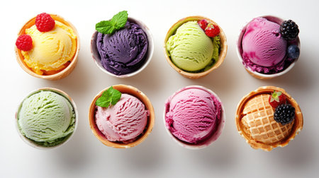 Top view of an enticing arrangement of colorful ice cream portions in bowls, garnished with juicy berries and served with waffle cones, all set against a simple white backdrop.の素材