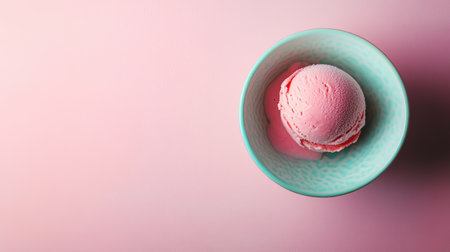 Top view of a single scoop of gelato in a colorful dish, with a clean background providing clear space for text or a logo. Ideal for dessert advertisementsの素材