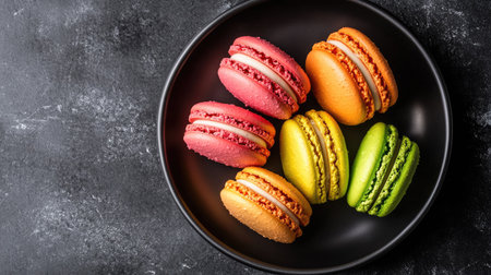 Top view of colorful French macarons neatly arranged on a black plate, creating a dramatic contrast that highlights the vividness of each cookie.の素材