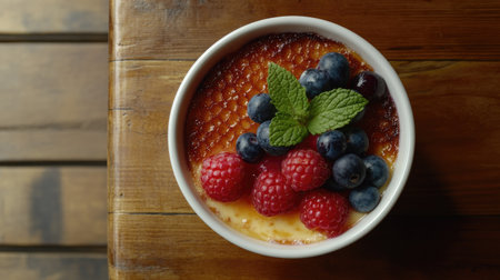 Top view of creamy cradorned with assorted berries and mint in a bowl, set on a wooden table. The composition leaves generous space for text or logos.の素材
