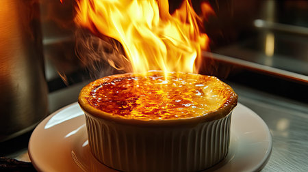 Top view of cr being capturing the vibrant flames caramelizing the sugar in a ramekin. The addition of vanilla beans provides a touch of elegance.の素材