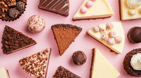 Top view of rich cheesecake slices with different toppings, alongside chocolate truffles and other sweet delights on a pastel-colored background. -の素材