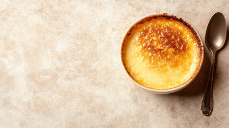 Top-down view of a golden-crusted cr with a spoon beside it, leaving ample copy space on a neutral-colored background for designs.の素材