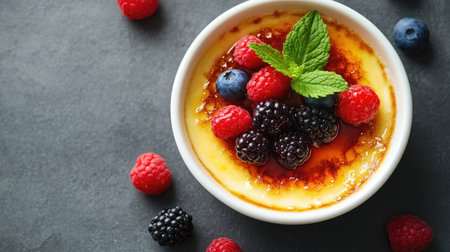 Top-down view of luscious cr adorned with assorted berries and a sprig of mint in a bowl, placed on a sleek grey table. Clear space for custom text.の素材