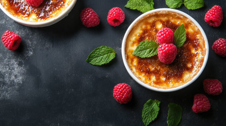 Top view of creamy cr topped with fresh raspberries and mint leaves, elegantly served on a dark table. The layout features open space for text or branding.の素材