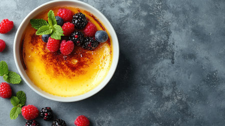 Top-down view of luscious cr adorned with assorted berries and a sprig of mint in a bowl, placed on a sleek grey table. Clear space for custom text.の素材