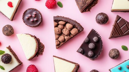 Top view of rich cheesecake slices with different toppings, alongside chocolate truffles and other sweet delights on a pastel-colored background. -の素材