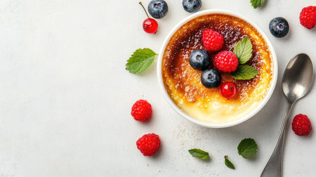 Top-down view of rich cr with a crackled caramel crust, surrounded by a spoon and garnished with berries. Generous copy space on a light background.の素材