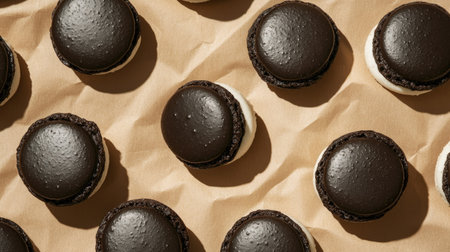 Top view of dark and white macarons with chocolate ganache on a brown paper background. Hard light casts bold shadows, giving a minimalist, contemporary vibe.の素材