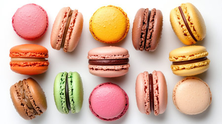 Top view of vibrant macarons with smooth shells and rich fillings, displayed individually on a clean white background. Traditional pastry with a crisp, isolated look.の素材