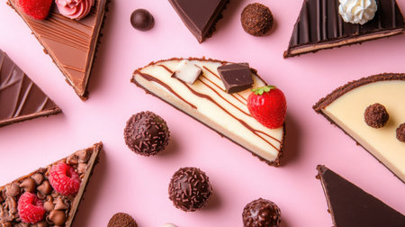Top view of rich cheesecake slices with different toppings, alongside chocolate truffles and other sweet delights on a pastel-colored background. -の素材