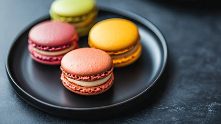 Vibrant macarons placed on a black plate, with a close-up focus on their smooth surfaces and fillings. The dark plate enhances the bold colors of the cookies.の素材