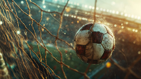A stunning image capturing a soccer ball hitting the net, embodying the thrill of the game. Perfect for sports enthusiasts and soccer promotions.の素材