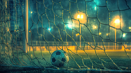 A stunning photograph showcasing a soccer ball nestled in a goal net under soft night lights, highlighting the beauty of sport and outdoor play.の素材
