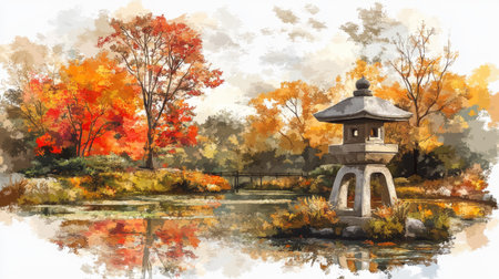 Discover a serene Japanese garden featuring a beautiful lantern surrounded by vibrant autumn foliage and tranquil waters, perfect for relaxation and reflection.の素材