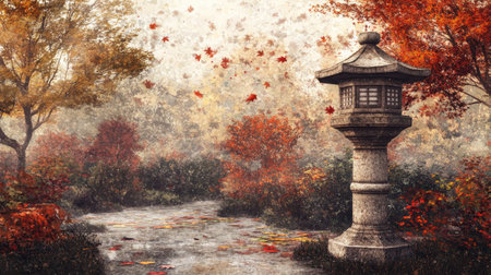 Discover a serene Japanese garden adorned with vibrant autumn colors. A tranquil atmosphere highlighted by a lantern and falling leaves, perfect for nature lovers.の素材