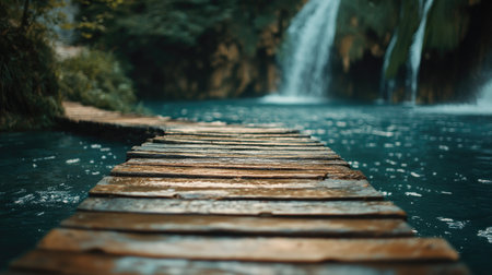A serene wooden pathway leads through a tranquil aquatic landscape, with lush greenery and a picturesque waterfall, perfect for nature lovers and trekkers.の素材