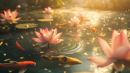 Experience the serene beauty of koi fish swimming gracefully among blooming lotus flowers in a tranquil pond. The scene captures nature's elegance and vibrant colors.の素材