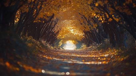 A serene autumn pathway illuminated by soft light, showcasing vibrant orange and yellow foliage. This tranquil scene invites calm reflection and exploration.の素材