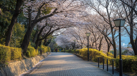 Experience a captivating spring scene featuring a cherry tree tunnel, with blooming pink flowers lining a peaceful pathway in bright sunlight.の素材