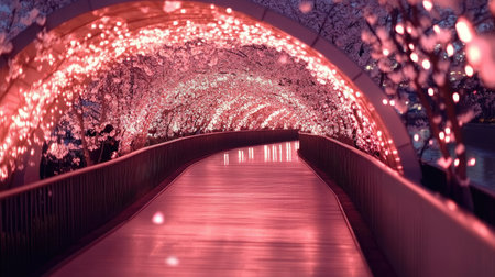 A stunning illuminated pathway adorned with blooming sakura trees, creating a magical and serene atmosphere perfect for a romantic stroll or photography.の素材