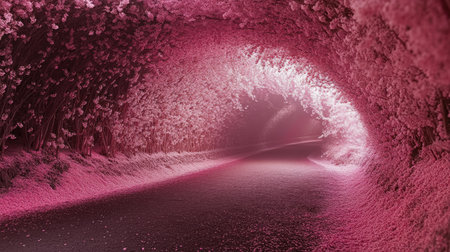 Experience a serene journey through a captivating path surrounded by vibrant blossoms, creating an enchanting and peaceful atmosphere for nature lovers.の素材