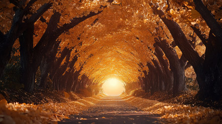 Experience the enchanting beauty of a sunlit autumn pathway framed by golden leaves. This serene scene invites peaceful reflection in nature.の素材