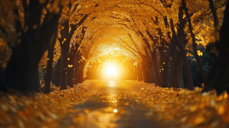 Experience a breathtaking autumn pathway illuminated by warm golden light. This serene scene captures the beauty of nature, inviting exploration and tranquility.の素材