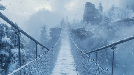 A captivating view of a suspension bridge surrounded by snow and mist. This serene winter landscape evokes a sense of adventure and tranquility in nature.の素材
