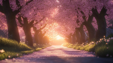 Experience a stunning cherry tree tunnel bathed in golden sunlight. This enchanting scene captures the beauty of blooming flowers in spring.の素材