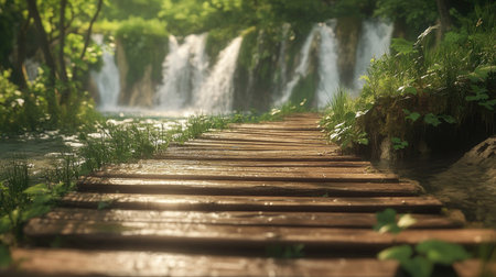 Immerse yourself in this serene wooden path next to enchanting waterfalls. A perfect blend of nature, tranquility, and vibrant greenery awaits your exploration.の素材