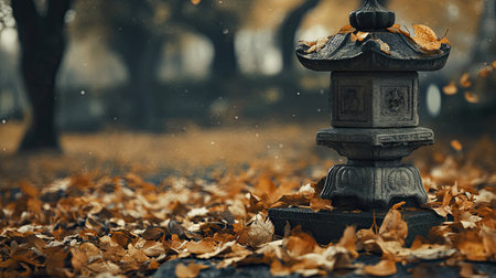 A serene stone lantern amid fallen autumn leaves, capturing the tranquil atmosphere of nature. Perfect for conveying peaceful outdoor settings and seasonal beauty.の素材