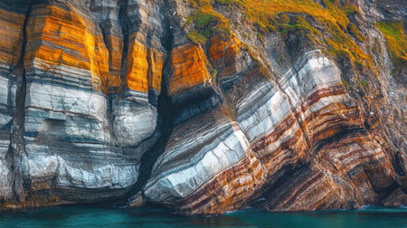 A striking view of captivating slate layers showcasing vibrant colors and textures along a scenic coastline, creating a tranquil atmosphere.の素材