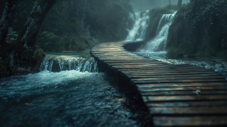 A picturesque wooden pathway winds through turquoise waters, surrounded by lush greenery and gently cascading waterfalls, creating a serene and tranquil landscape.の素材