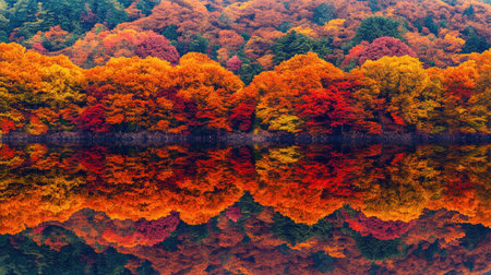 Discover a serene lake adorned with vibrant autumn colors, featuring calm reflections of colorful trees. A perfect scene for nature lovers and photographers.の素材