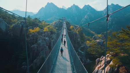 Tourists journey across a stunning bridge, surrounded by majestic mountains and vibrant nature, capturing the essence of adventure and exploration.の素材