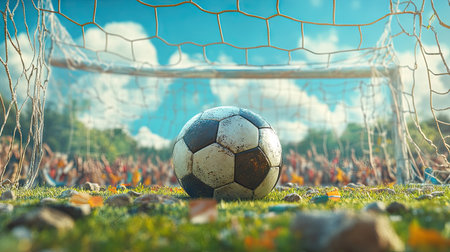 A striking scene capturing a soccer ball positioned near the goal net, surrounded by a lively crowd and a bright outdoor setting, showcasing the thrill of the game.の素材