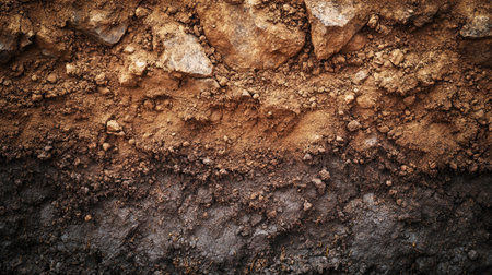 Explore the intricate textures of processed orange soil, featuring vivid layers and rocky elements. Ideal for backgrounds in nature and environmental themes.の素材